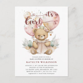 Pink Balloons Teddy Bear Floral Girl Babydusche Einladungspostkarte