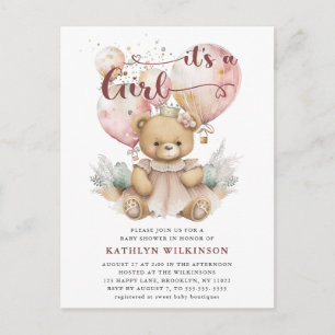 Pink Balloons Teddy Bear Floral Girl Babydusche Einladungspostkarte