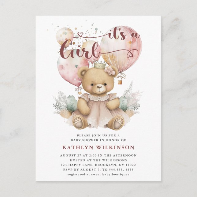 Pink Balloons Teddy Bear Floral Girl Babydusche Einladungspostkarte (Vorderseite)