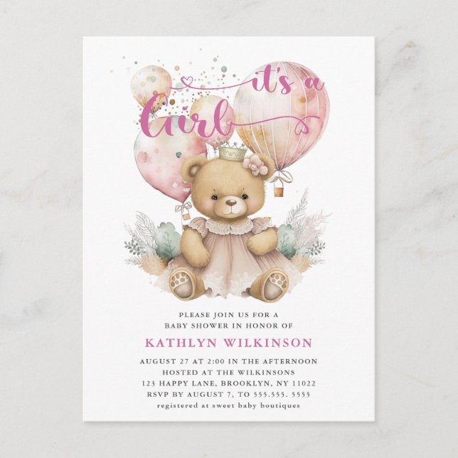 Pink Balloons Teddy Bear Floral Girl Babydusche Einladungspostkarte (Vorderseite)