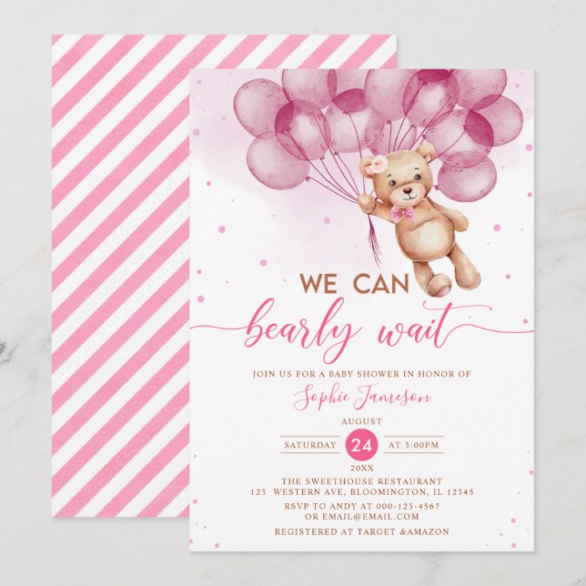 Pink Balloons Teddy Bear Girl Babydusche Einladung (Vorne/Hinten)