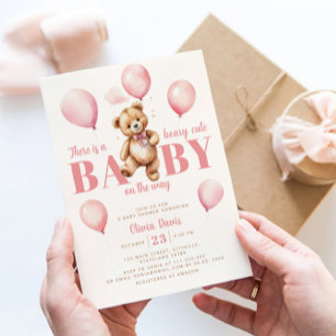 Pink Balloons Teddy Bear Girl Modern Baby Dusche Einladung