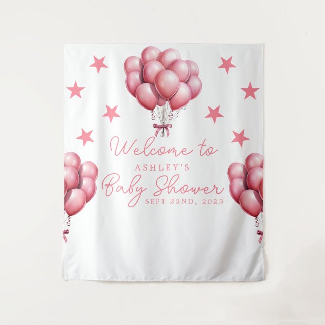 Pink Balloons Wasserfarbe Girl Babydusche Hintergr Wandteppich (Vorderseite)