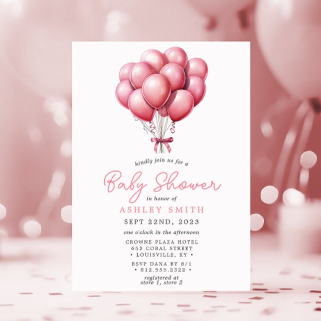 Pink Balloons Watercolor Girl Babydusche Einladung (Von Creator hochgeladen)