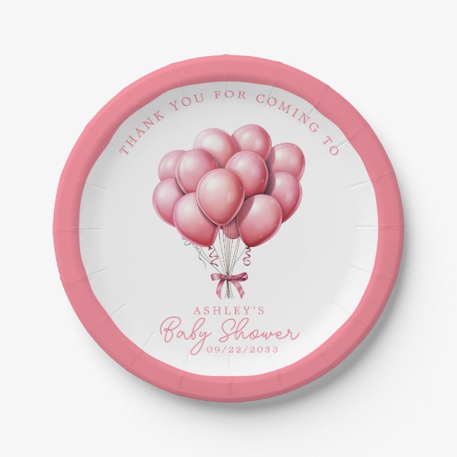 Pink Balloons Watercolor Girl Babydusche Pappteller (Vorderseite)