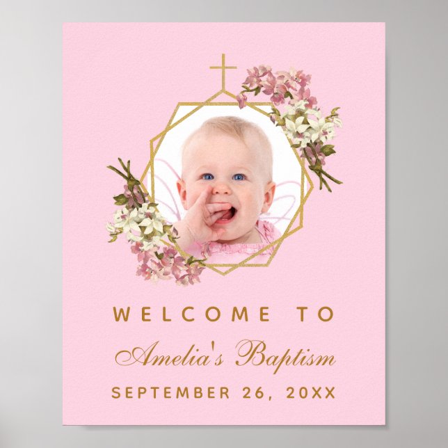 Pink Baptism Girl Photo Orchids Gold Affiche de bi (Devant)