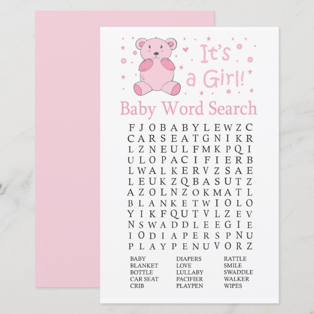 Pink Bär Baby Shooter Word Search Game (Vorne/Hinten)