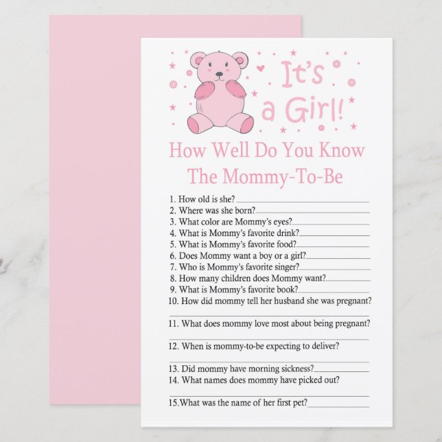 Pink Bär Wie gut kennen Sie das Baby-Duschspiel? (Vorne/Hinten)