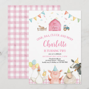 Pink Barn Bauernhof Tiere Barnyard Girl 2. Geburts Einladung