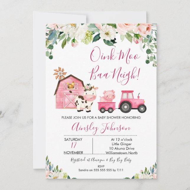 Pink Barn Farm Farmyard Animals Baby Dusche Einladung (Vorderseite)