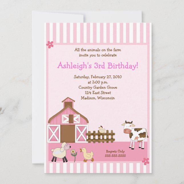Pink Barn Tierfarm Geburtstag Einladungen (Vorderseite)