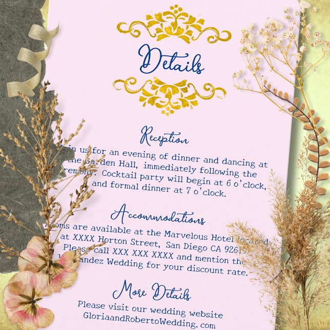 Pink Baroque Floral Heart Mexican Wedding Begleitkarte (Elegant pink Baroque enclosure with golden scrolls and blue script — timeless and romantic design.)