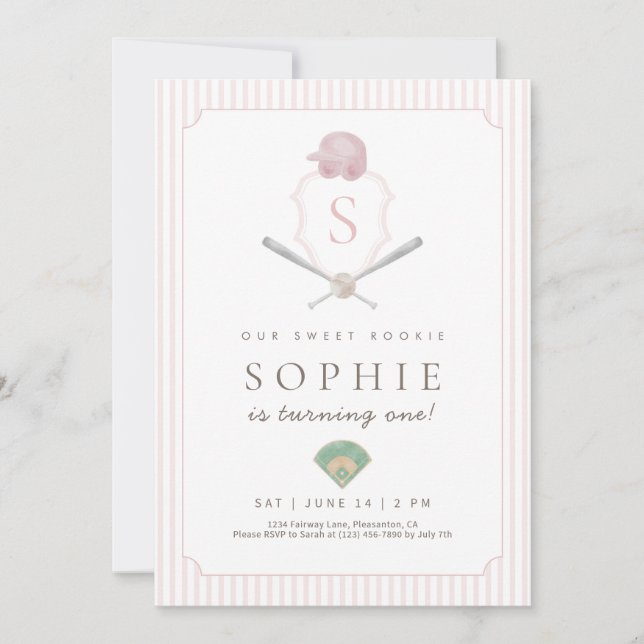 Pink Baseball Preppy Crest Premier invitation (Devant)