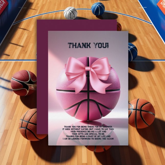 Pink Basketball Ribbon Bow Ball Baby Dusche Dankeskarte (Von Creator hochgeladen)