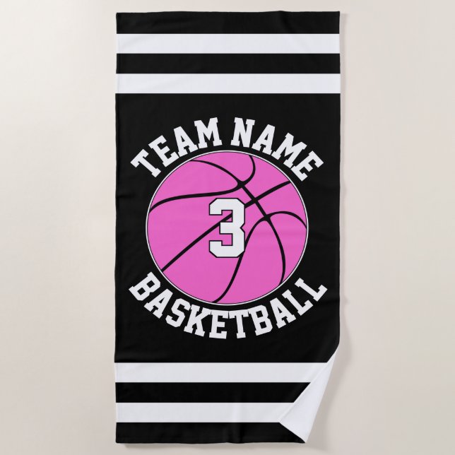 Pink Basketball Team Name & Spielernummer Strandtuch (Vorderseite)