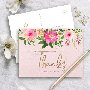 Pink Bat Mitzvah Floral Gold Skript Danke, Bold Postkarte