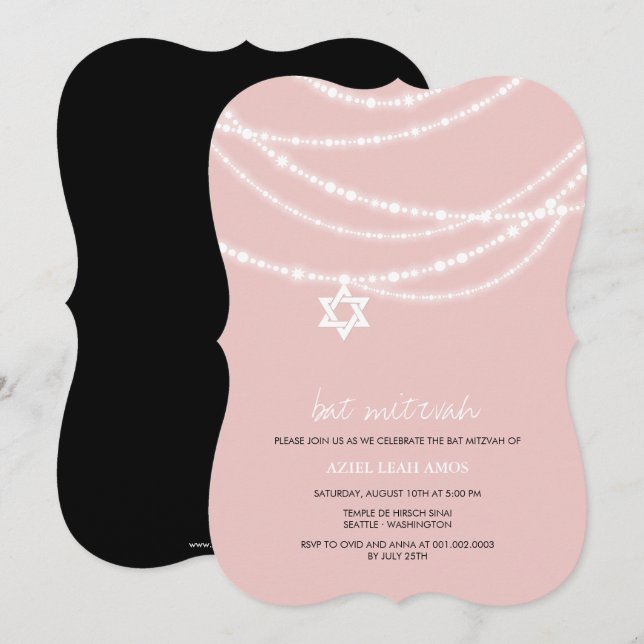 Pink Bat Mitzvah Glitzern Stern von David laden Einladung (Vorne/Hinten)