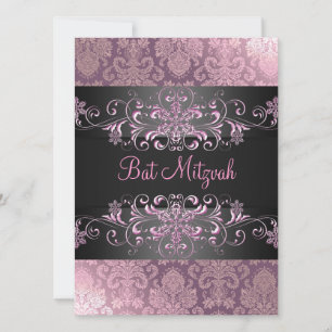Pink Bat Mitzvah Snow & Damask Birthday Einladung