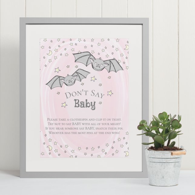 Pink Bats Say Baby Shower Game nicht Poster (This cute Fall Baby Shower "Don't say Baby"game Features Hand-drawn Baby Bats & Stars in Black Ink.)