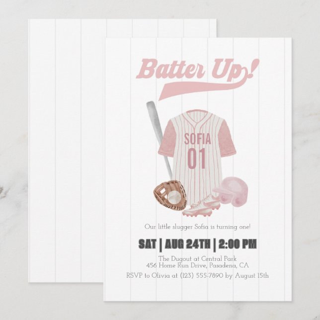 Pink Batter Up Baseball Einladung zum ersten Gebur (Vorne/Hinten)