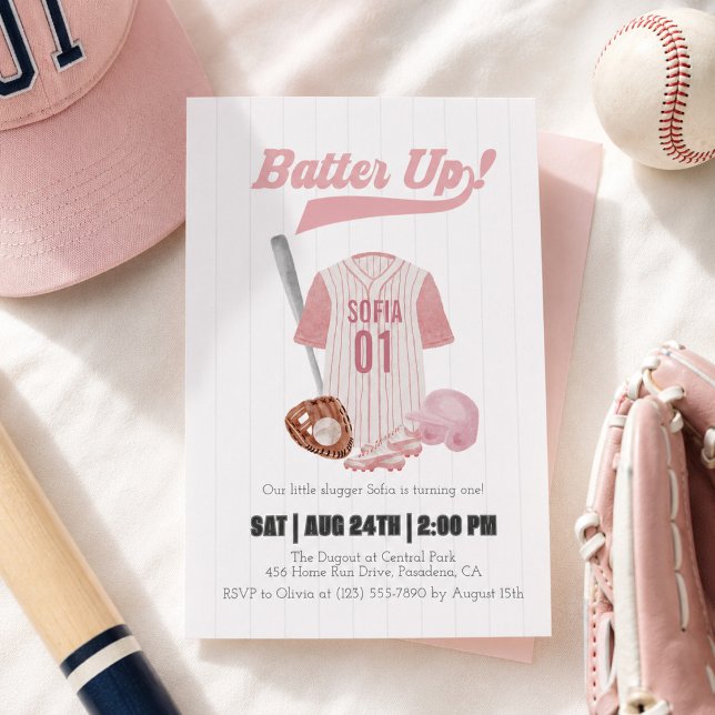 Pink Batter Up Baseball Einladung zum ersten Gebur (Von Creator hochgeladen)