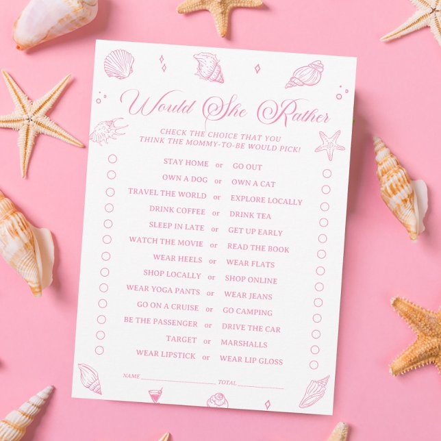 Pink Beach Baby Shower Would She Rather Game Card Einladung (Von Creator hochgeladen)