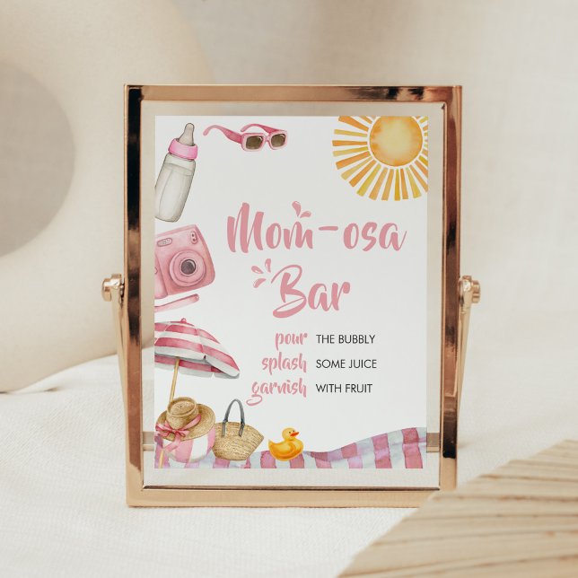 Pink Beach Summer Baby Dusche Mama Osa Bar Poster (Splish Splash Baby Shower Mom Osa Bar Sign)