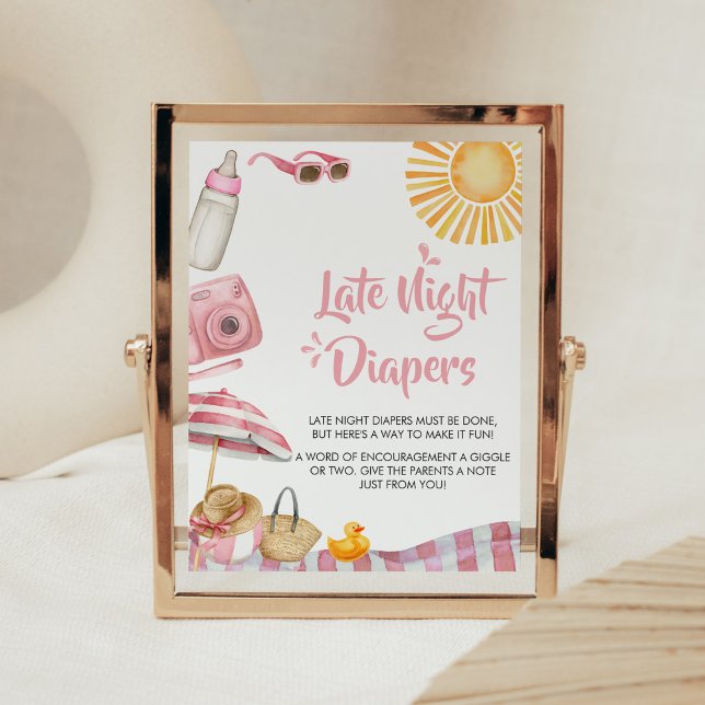 Pink Beach Summer Baby Dusche Spate Night Diapers Poster (Splish Splash Baby Shower Late Night Diapers Sign)