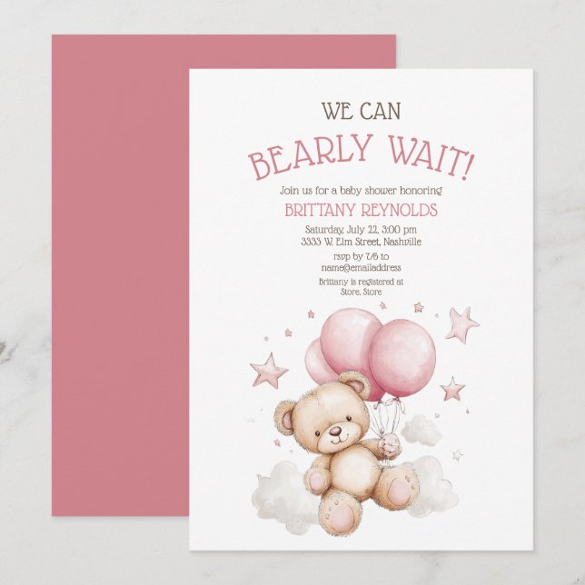 Pink Bear Baby Dusche abwarten Einladung (Vorne/Hinten)
