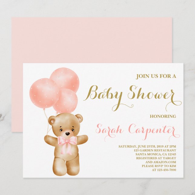 Pink Bear Baby Dusche Einladung (Vorne/Hinten)