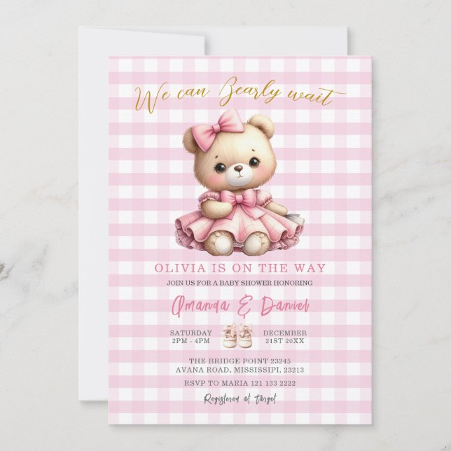 Pink Bear Baby Dusche Gingham kann frühzeitig wart Einladung (Vorderseite)