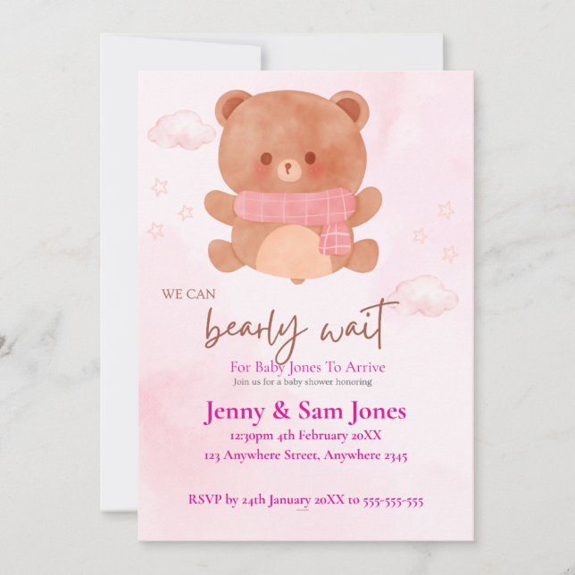 Pink Bear Baby Shower Invitation | Cute & Customis Einladung (Vorderseite)