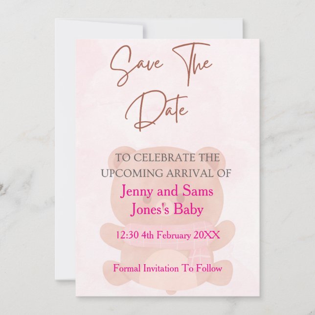 Pink Bear Baby Shower Save the Date Card | Cute &  Einladung (Vorderseite)