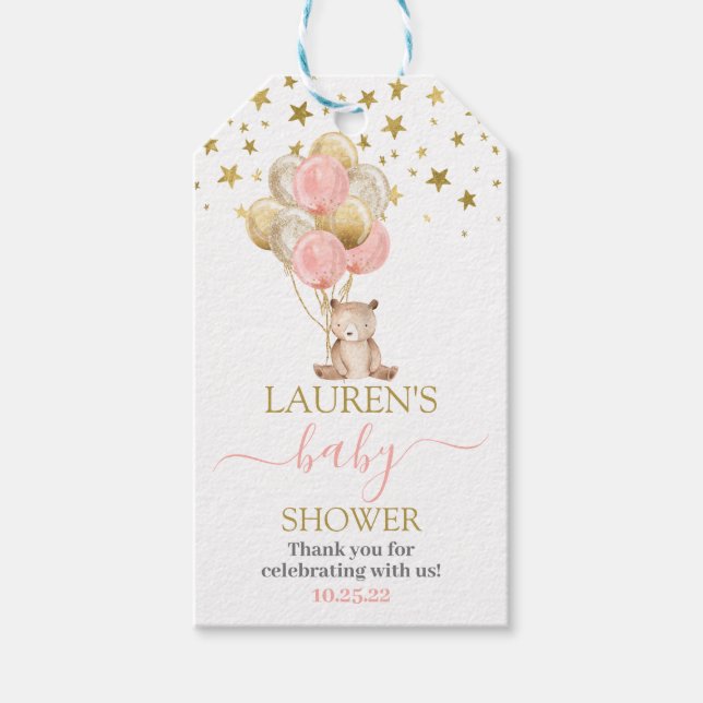Pink Bear Babydusche-Etiketten Geschenkanhänger (Vorderseite)