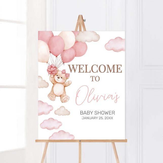 Pink Bear Ballon Bearly Wait Baby Dusche Willkomme Poster (Pink Baby Bear Balloon Baby Shower Welcome Sign)
