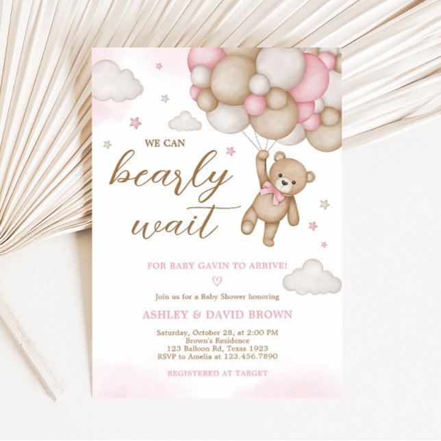 Pink Bear Balloon Baby Dusche Einladung (Girl Bear Baby Shower Invitation)