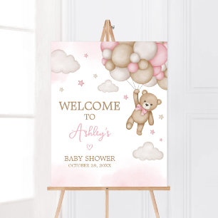 Pink Bear Balloon Baby Dusche Willkommen Poster