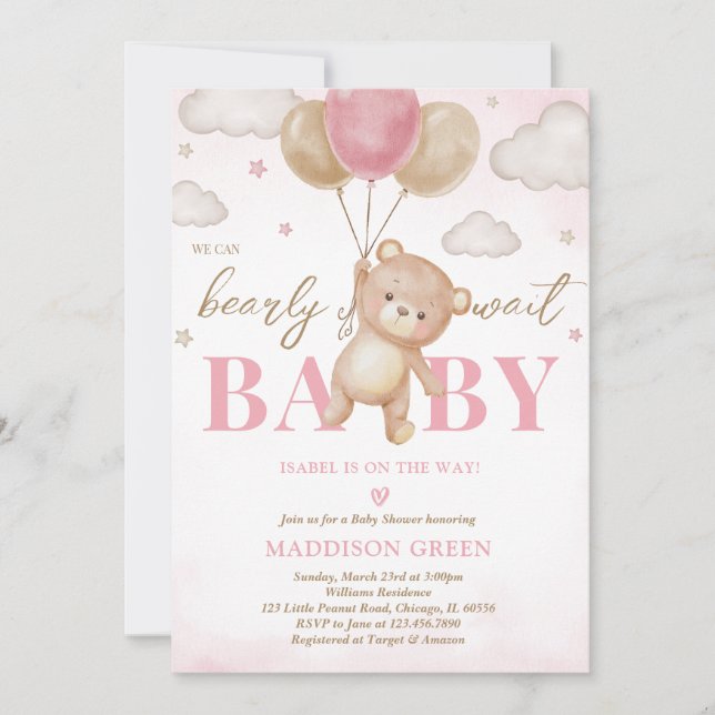 Pink Bear Balloon Babydusche Einladung (Vorderseite)