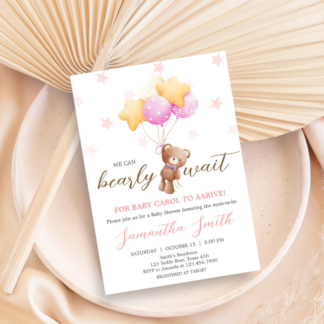 Pink Bear Balloon Babydusche Einladung (Girl We Can Bearly Wait Balloon Baby Shower Invitation)