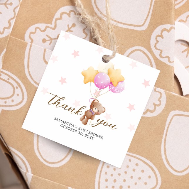 Pink Bear Balloon Babydusche Square Geschenkanhänger (Girl We Can Bearly Wait Balloon Baby Shower Favor Tags)