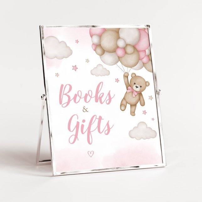 Pink Bear Balloon Kinderdusche Bücher und Geschenk Poster (Girl Bear Baby Shower Books and Gifts Sign)
