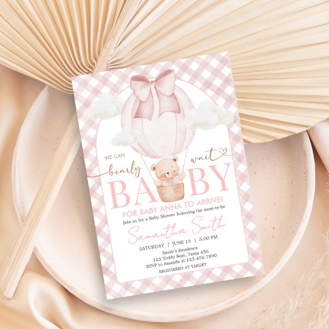 Pink Bear Bearly Wait Baby Shower Einladung (Bearly Wait Baby Shower Invitation)