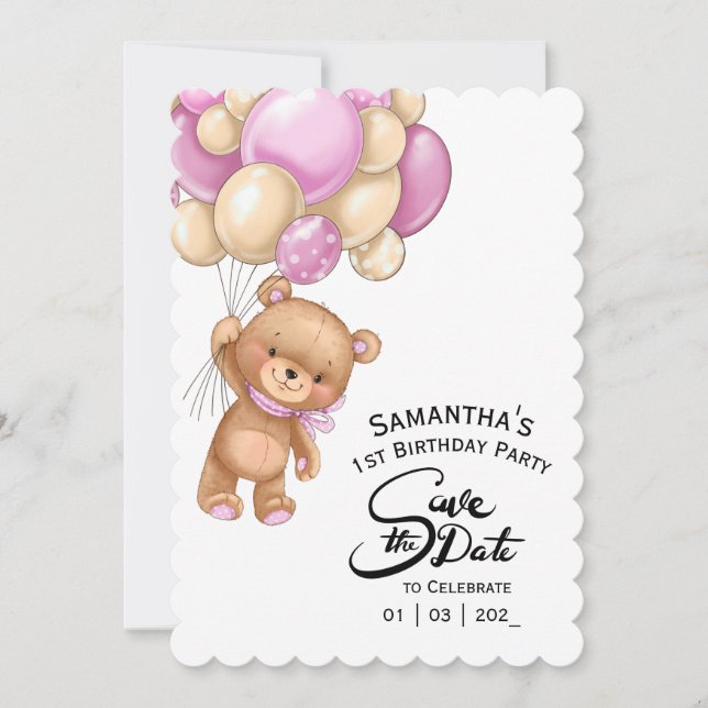 Pink Bear Birthday Girl Einladung (Vorderseite)