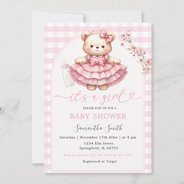 Pink Bear Bottle Baby Dusche Girl Pink Gingham Einladung (Vorderseite)