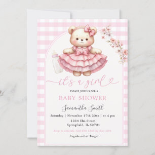 Pink Bear Bottle Baby Dusche Girl Pink Gingham Einladung