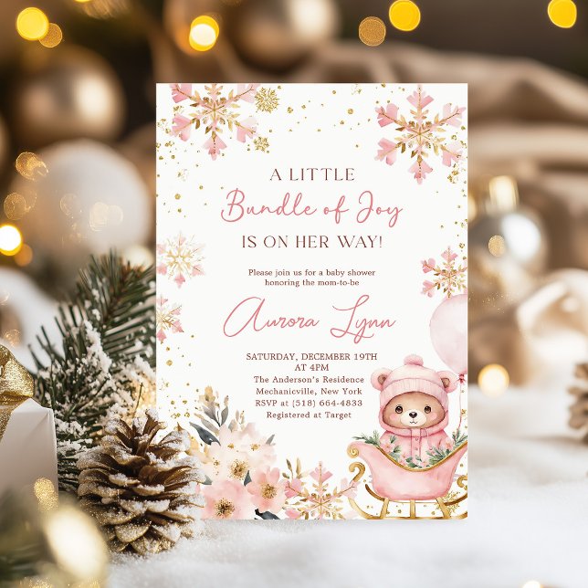 Pink Bear Christmas Winter Girl Babydusche Einladung (Von Creator hochgeladen)
