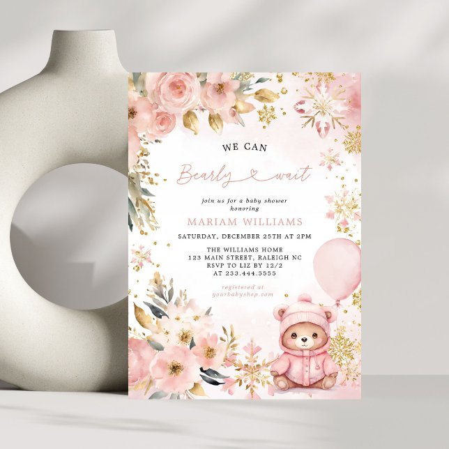 Pink Bear Floral Weihnachts Winter Girl Babydusche Einladung (Von Creator hochgeladen)