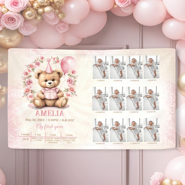 Pink Bear Girl 1. Geburtstag Foto Meilenstein Banner (Pink Bear Girl 1st Birthday Photo Milestone Banner)