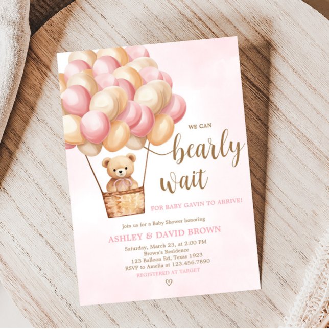 Pink Bear Hot Air Ballon Babydusche Einladung (Girl Bear Boho Baby Shower Invitation)