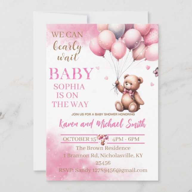 Pink Bear Hot Air Ballon Babydusche Set Invitati Einladung (Vorderseite)